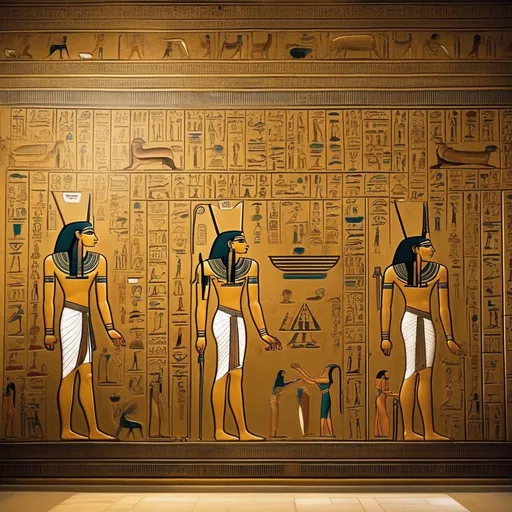 Prompt: An ancient egyptian golden room, walls full of hieroglyphs and paintings