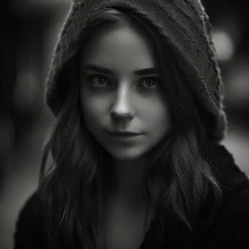 Prompt: A portrait of a young woman in black and white, taken with a Leica M10 and a 50mm f/1.4 lens. The mood of the image is mysterious and intriguing.