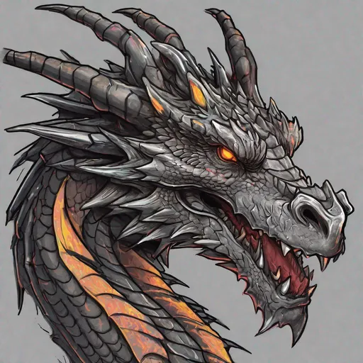 Prompt: Concept design of a dragon. Dragon head portrait. Coloring in the dragon is predominantly dark gray with subtle neon streaks and details present.