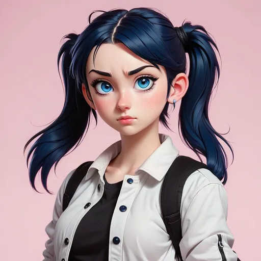 Prompt: Anime style. Teenage girl. Dark blue hair in two ponytails. Blue eyes. She wears a white shirt and a black jacket. Soft pink background.