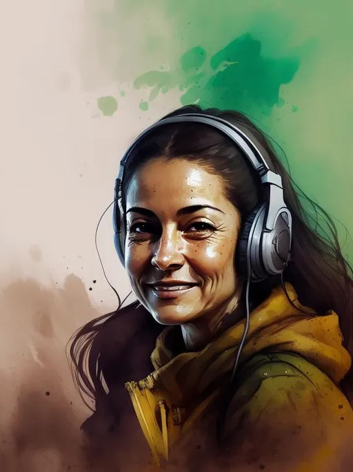 Prompt: similar to image, 47-year old female gamer with brown eyes and hair, light olive skin, hispanic, headset, elf ears, thick body, smiling slightly, peace sign