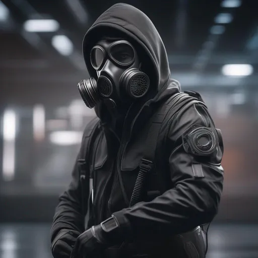 Prompt: Male agent with a gas mask, black and grey cyberpunk outfit with a hood, cell phone, Hyperrealistic, sharp focus, Professional, UHD, HDR, 8K, Render, electronic, dramatic, vivid, pressure, stress, nervous vibe, loud, tension, traumatic, dark, cataclysmic, violent, fighting, Epic