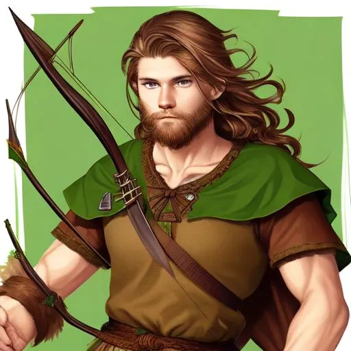 Prompt: digital art, viking man, 20 years old, brown hair, short wavy hair, green eyes, green shirt, brown tunic, brown pants, bow and arrow