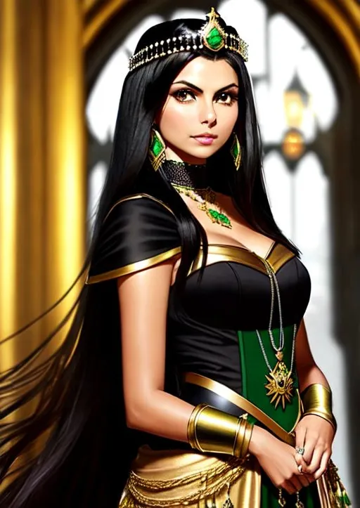 Prompt: Mix victoria justice and Morena Baccarin, green eyes, black long hair, dark skin, medieval royal dress, eyes green, hair black, gold jewelry, medieval castle, best quality, gold crown, green jewels 