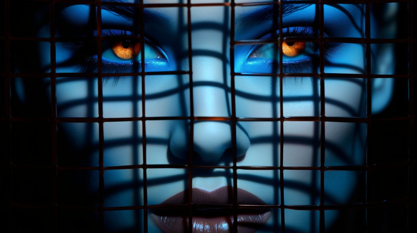 Prompt: her face is against a curtain of black bars, in the style of airbrush art, light bronze and dark blue, neon grids, made of glass, taras loboda, timeless beauty, symmetrical grid