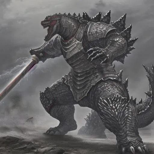 Prompt: godzilla wearing full plate armour wielding a hammer, beserk style 