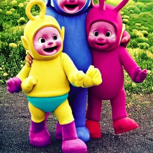 Prompt: Teletubbies Hug A Girl's Leg