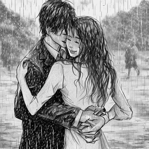 Prompt: Draw a couple in the rain the man hugging the woman from the back in a picturesque place