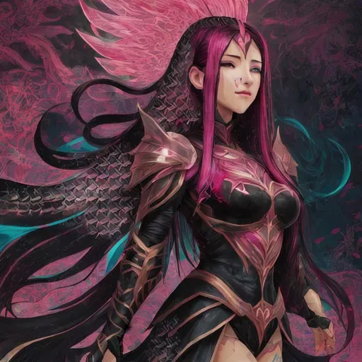 Prompt: highly detailed anime goddess with black and pink armor and long pink hair 