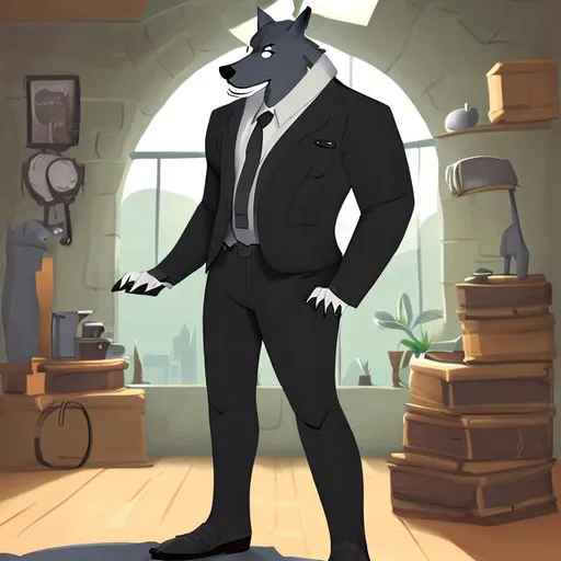 Prompt: Linnux the big buff anthro wolf is wearing black business suit is my older boyfriend from "Rock dog stle"