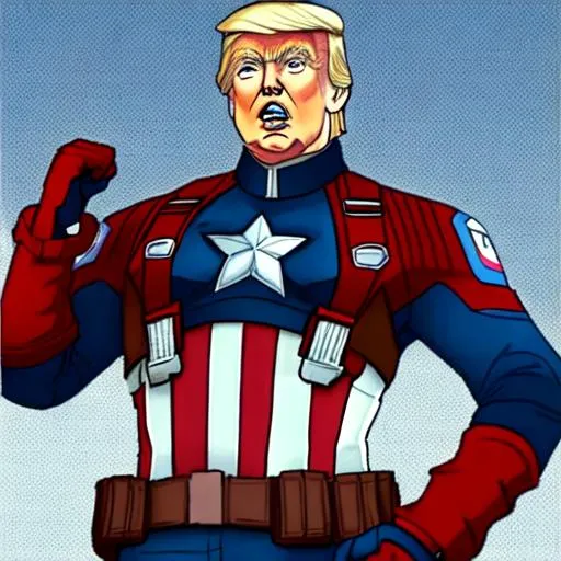 Prompt: Donald Trump as captain america the superhero.  He is very strong and wears a blue and red suit. 
