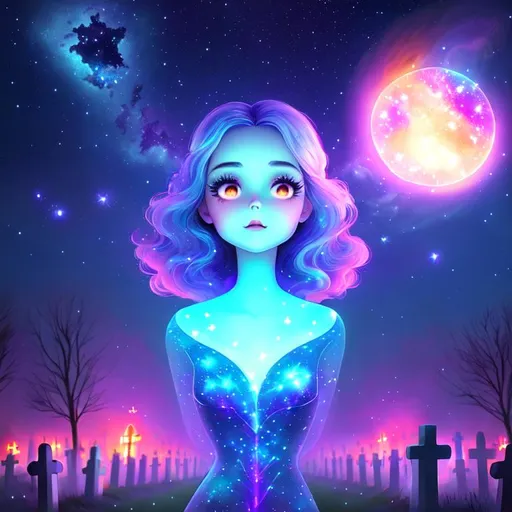 Prompt: Cute Pixar style painting, an adorable spirit woman, graveyard, midnight, translucent skin,  floating, nebula, galaxy, stars, fireflies, glowing eyes, glowing, Graves, cemetery, soft light, 4k, beautiful 