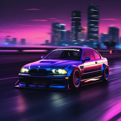 Prompt: 2001 BMW M3 E46 GTR, synthwave, aesthetic cyberpunk, miami, highway, dusk, neon lights, coastal highway, dusk, neon lights, coastal highway, sunset, drift, nurburgring