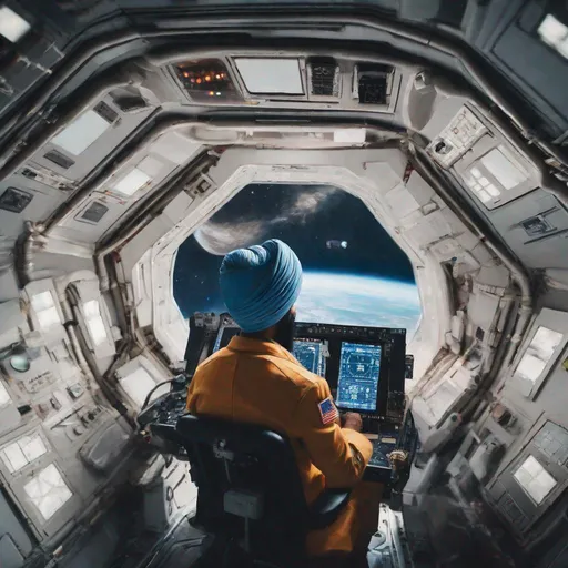 Prompt: A photograph of a Sikh man piloting a spaceship in space