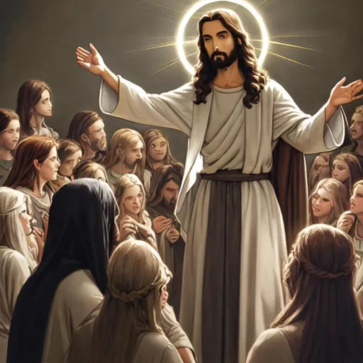 Prompt: Jesus with halo teaching people