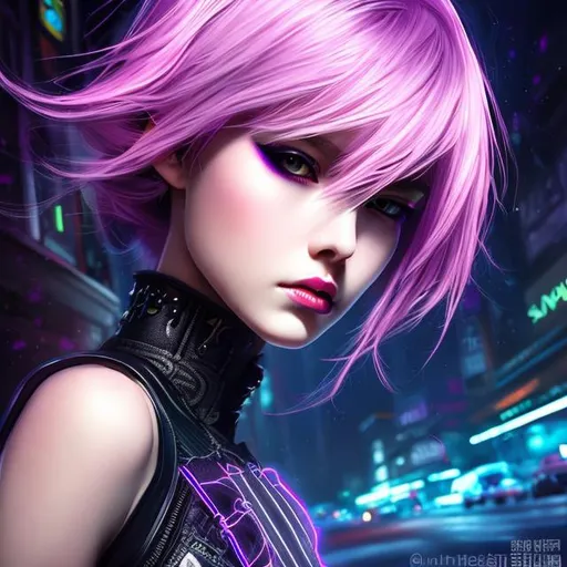 Prompt: neon punk. mysterious lady. insanely beautiful. perfect anatomy. symmetrically perfect face. beautiful long black. beautiful amber eyes. hyper realistic. super detailed. soft colours. no extra limbs or hands or fingers or legs or arms. standing on the street. pale skin. smooth texture. realism.