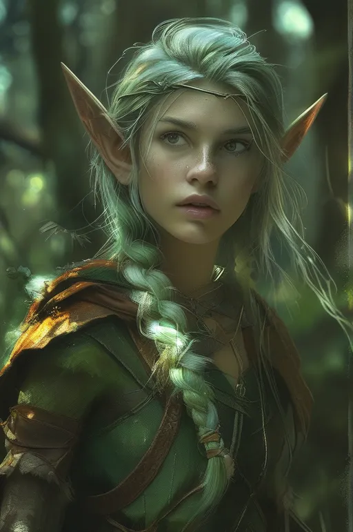 Prompt: Elf ranger in a mystical forest around sunlight