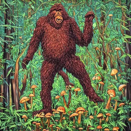 Prompt: Bigfoot surrounded by mushrooms, marijuana plants, lightning bolts and redwood trees in visionary art style