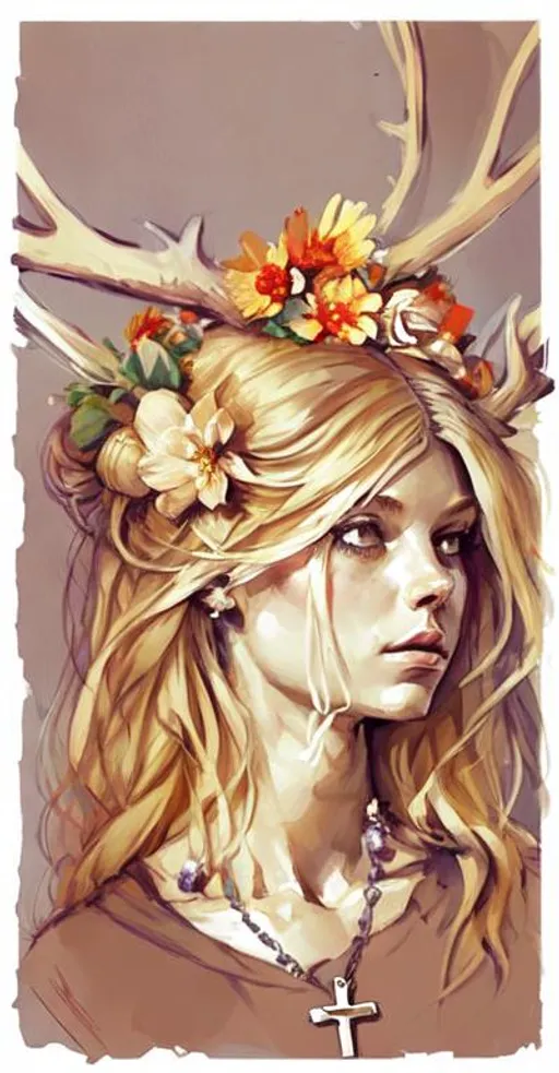 Prompt: Blond hair antlers flowers in her hair holding a rosary with a crucifix pendant