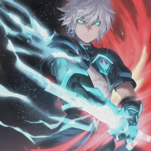 White haired anime man with blue glowing, red scale arm | OpenArt