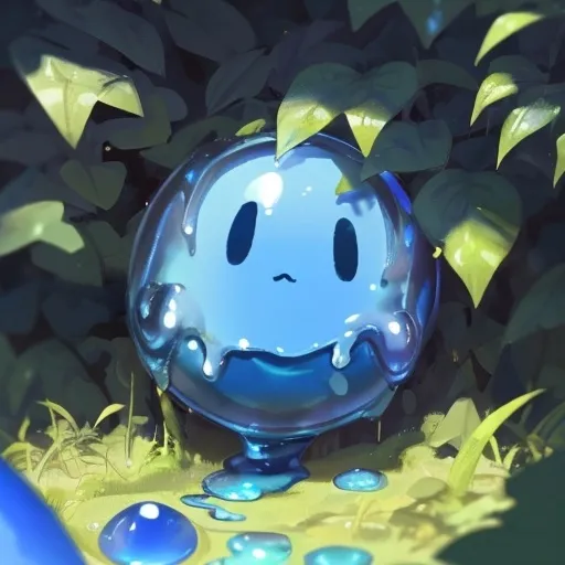 Prompt: a blue slime in a bush