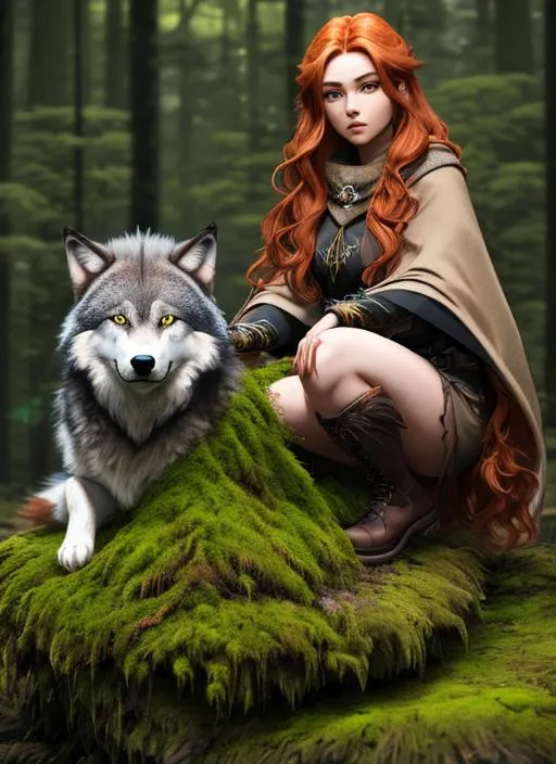 Prompt: Beautiful half-girl, half-wolf creature with long ginger hair sitting on a log in a dark forest. She holds a small moon and wears a cloak made of moss. Use a dark color palette and add a full moon and trees in the background, Artgerm, CryEngine, Octane Render, 8k, symmetrical face, accurate anatomy ultra detailed face, very soft colors,((Masterpiece)) realistic big eyes