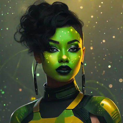 Prompt: an image of a young feminine miralan character. a green eastern european female mandalorian, green skinned green girl with green skin, jet black lips, jet black lipstick, extremely short messy jet black bob undercut hair, bright yellow glowing eyes, moles, freckles, beauty marks, huge long hooked aquiline grecian nose. warrior wearing a jet black mandalorian armour in style of the mandalorian, green woman with green skin, in style of a star wars movie. green tan, revealed open green belly, reveals green skin, green arm, green legs, green torso, green neck, green shoulders, green hands, green feet, blushing cheeks, holding a mandalorian helmet under her armpit, mandalorian chestpiece, cape in the back falling over shoulders, 2d art. 2d. she-hulk