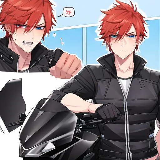 Prompt: Erikku male (short ginger hair, freckles, right eye blue left eye purple), 8K, Highly detailed, insane detail, best quality, high quality, Upset, muscular, riding a motorcycle