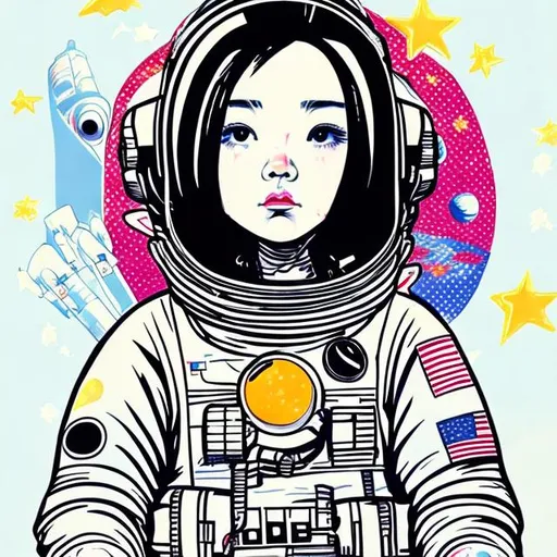 Prompt: Pop art, japanese girl, Astronaut, Star background, in space
