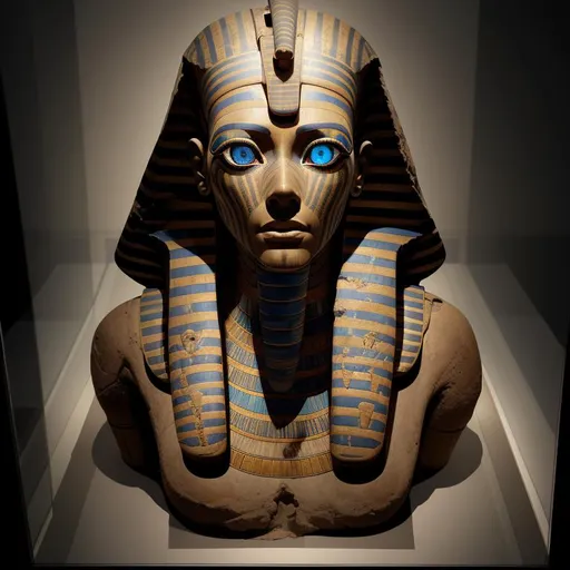 Prompt: An ancient Egyptian mummy in a modern museum display has suddenly come alive & sat up in its sarcophagus, then turned to stare ominously with deep-set, glowing, multi-colored eyes.