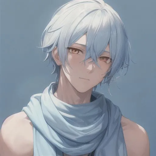 Prompt: (best quality, masterpiece), young pale man, (male), wearing a cool scarf, pastel blue and white hair, orange eyes, 
High details face, High quality details face, High quality details pupil eyes,  square background, streetwear, aesthetic wear, half body,