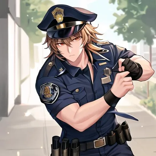 Prompt: Caleb as a police officer in a gunfight bullets flying
