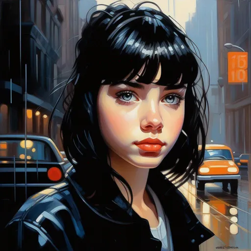 Prompt: Facial portrait of a 13 years old girl, pale skin, black hair, bangs, dark brown eyes, wet, rain, urban setting, stylized font, cartoony style, extremely detailed painting by Greg Rutkowski and by Henry Justice Ford and by Steve Henderson
