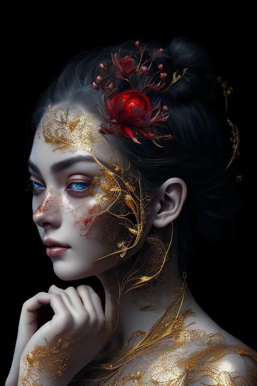 Prompt: insanely beautiful portrait of a woman with dreamy expression, anatomically perfect, golden ratio, highly detailed and intricate, elegant , mysterious, red flowers on head, 3 D