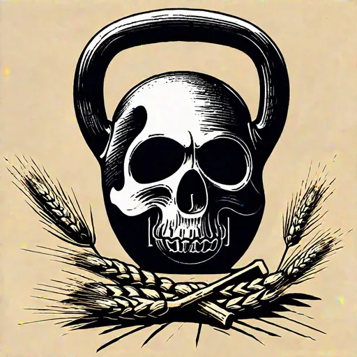 Prompt: Draw a kettlebell with a skull on it, beside some wheat and a sickle. 