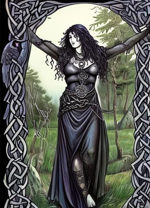 Prompt: celtic pagan goddess: The Morrigan. Crows. Dead Trees.  Trippy death goddess.