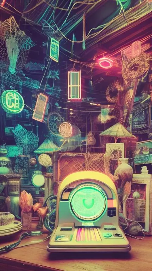 Prompt: Vintage, neon lights, dreamy, Polaroid photo, dreamscape, ethereal, hyper realistic, highly detailed, 3-D