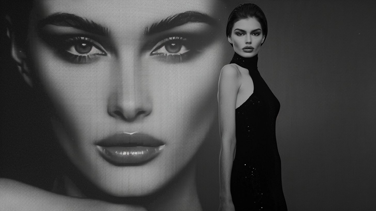 Prompt: High-end supermodel striking an elegant pose in front of a massive, projected black-and-white portrait of herself. The background projection is detailed and dramatic, highlighting the contours and features of her face. The supermodel is dressed in sophisticated, designer attire, standing confidently with a graceful posture, exuding glamour and poise. The scene is set in a modern, minimalist environment with soft, ambient lighting that accentuates both the model and the projection, creating a powerful and captivating visual.