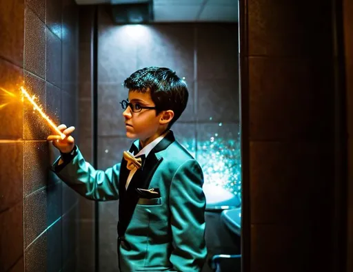 Prompt: 13 year old boy cast a crazy magic spell on someone inside the toilet stall with his magic wand from the outside. Only show the outside of the stall. Lots of sparkle magic from the magic spell spewing out from the top of the stall. Show the boy in the tuxedo with his magic wand casting the spell outside the stall 