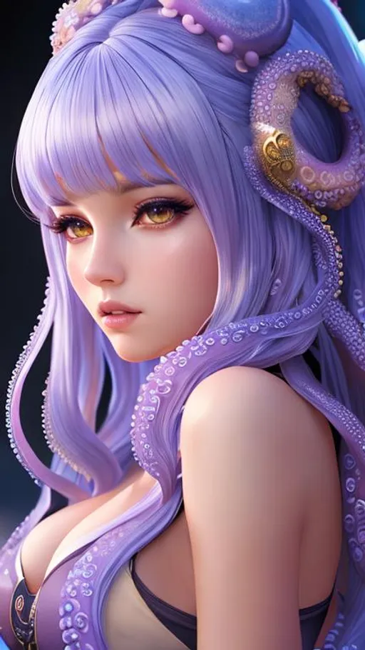 Prompt: extremely realistic, hyperdetailed, octopus girl, tentacle hair, highly detailed face, highly detailed eyes, full body, whole body visible, full character visible, soft lighting, high definition, ultra realistic, unreal engine 5, 8K, digital art