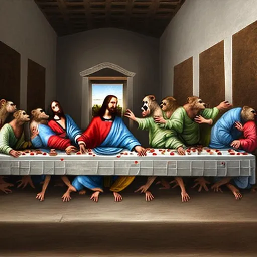 Prompt: Painting the last supper but with monkeys instead of people