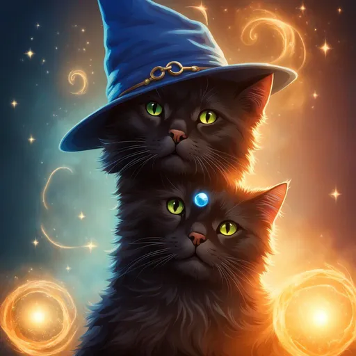 Prompt: A black cat in a wizards hat and robes. Surrounded by blue magic.