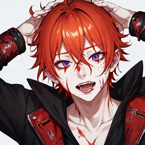 Prompt: Erikku male adult (short ginger hair, freckles, right eye blue left eye purple)  UHD, 8K, insane detail anime style, covered in blood, psychotic, covering his face with his hands, face covered in blood and cuts, blood highly detailed, laughing, insane