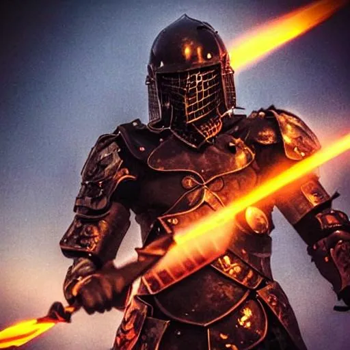 Prompt: a human male in barbaric armor and a helmet  as dark as sky night the armor flashing like the stars and the sword of fire that glows till the night