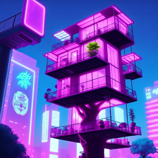 Prompt: tree house in the city,  synthwave neon retro