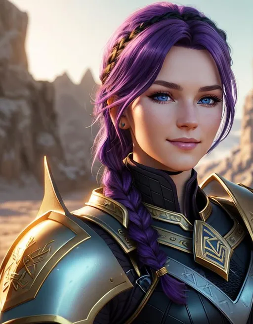 Prompt: Digital art, bright colors, subtle smile, 20-year-old woman viking, dark purple hair, one braid, light blue eyes, cut over left eye to on cheek bone, black gear, gold armor, unreal engine 8k octane, 3d lighting, full body, full armor