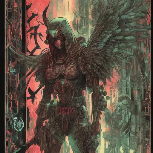 Prompt: Beautiful female angel of death, strong male warrior, embracing, radiation, Chernobyl, green, gothic, stalker, tattoos, cyberpunk, mech, red fire