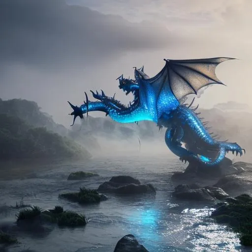 Prompt: flying water dragon, blue armor scales, mysterious fog lake background, hyper realistic, full body, chinese style, have sharp horns