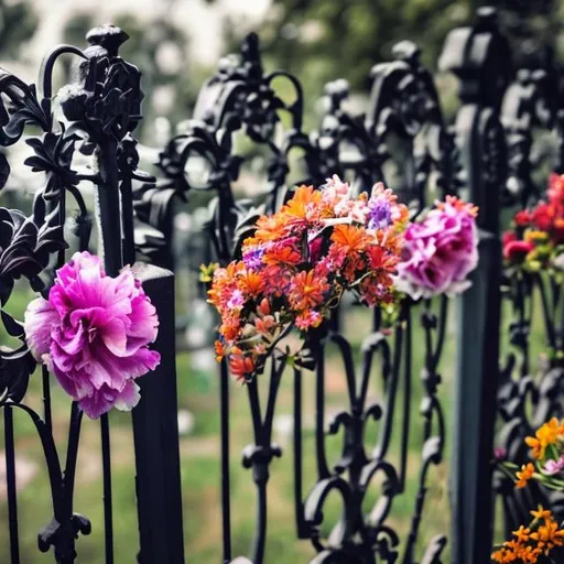 Prompt: flowers growing up an iron fence to a graveyard  