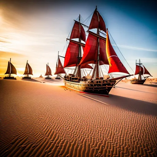 Prompt: desert with huge sand dunes, 18th century 3 masted battleship floating in sand with beautiful red sails, cinematic lighting sunset lighting, hyper detailed sand, hyper detailed ship, 8K